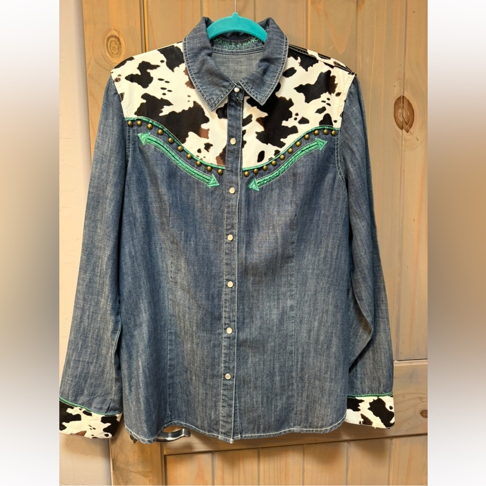 Double D Ranch Denim Shirt with Cow Print
Pearl snaps.   Never worn